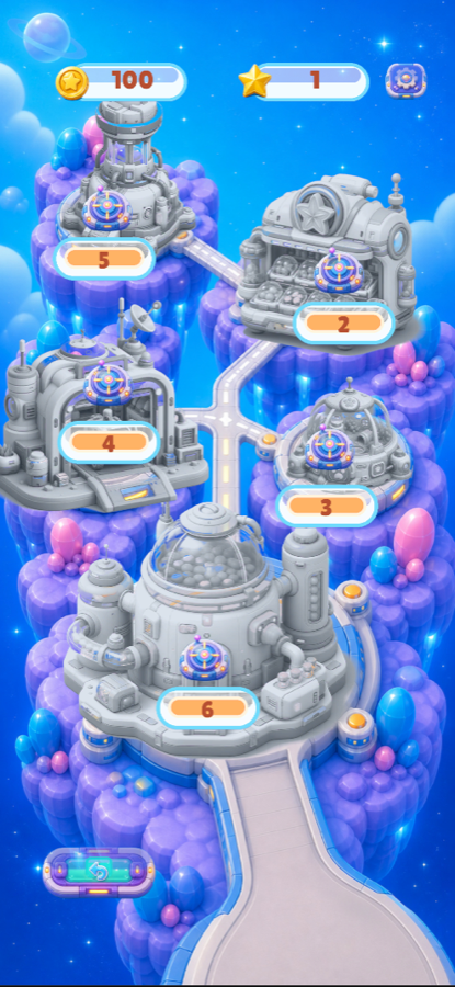 Harvest Match world map with space bases and numbered stages